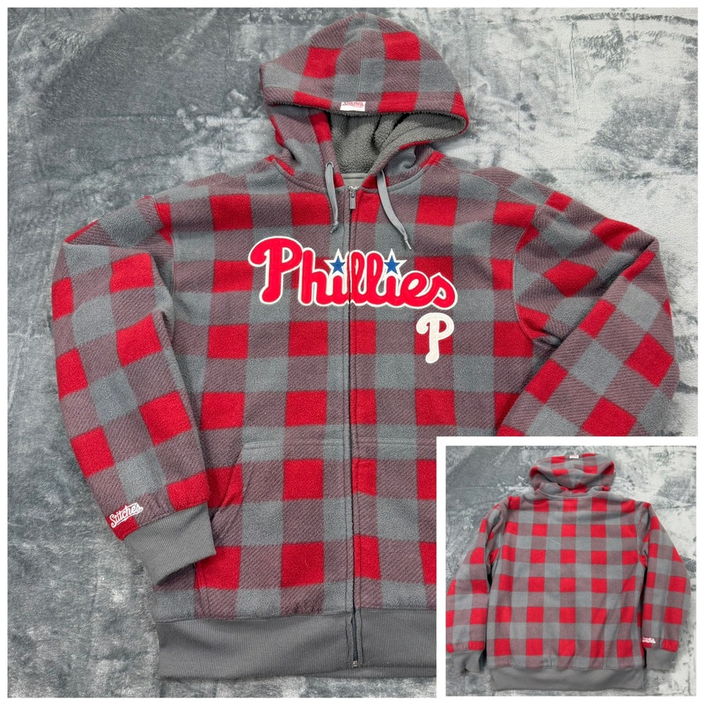 Stitches Philadelphia Phillies MLB Fleece Zip Jacket‎ Mens Large Red Grey Plaid